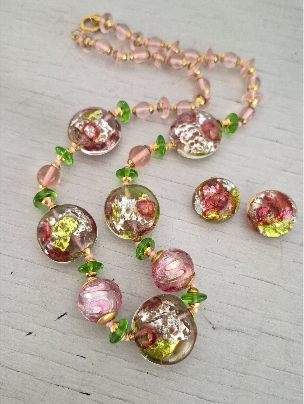 Vintage Murano Lampwork Glass Bead Necklace and Earring Set